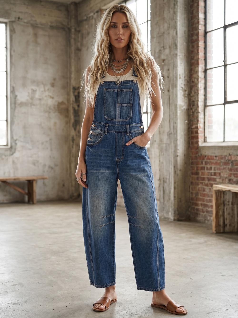 NWT Bluivy Denim Dark Wash Barrel Relaxed Fit Boho Overalls - Picture 4 of 11